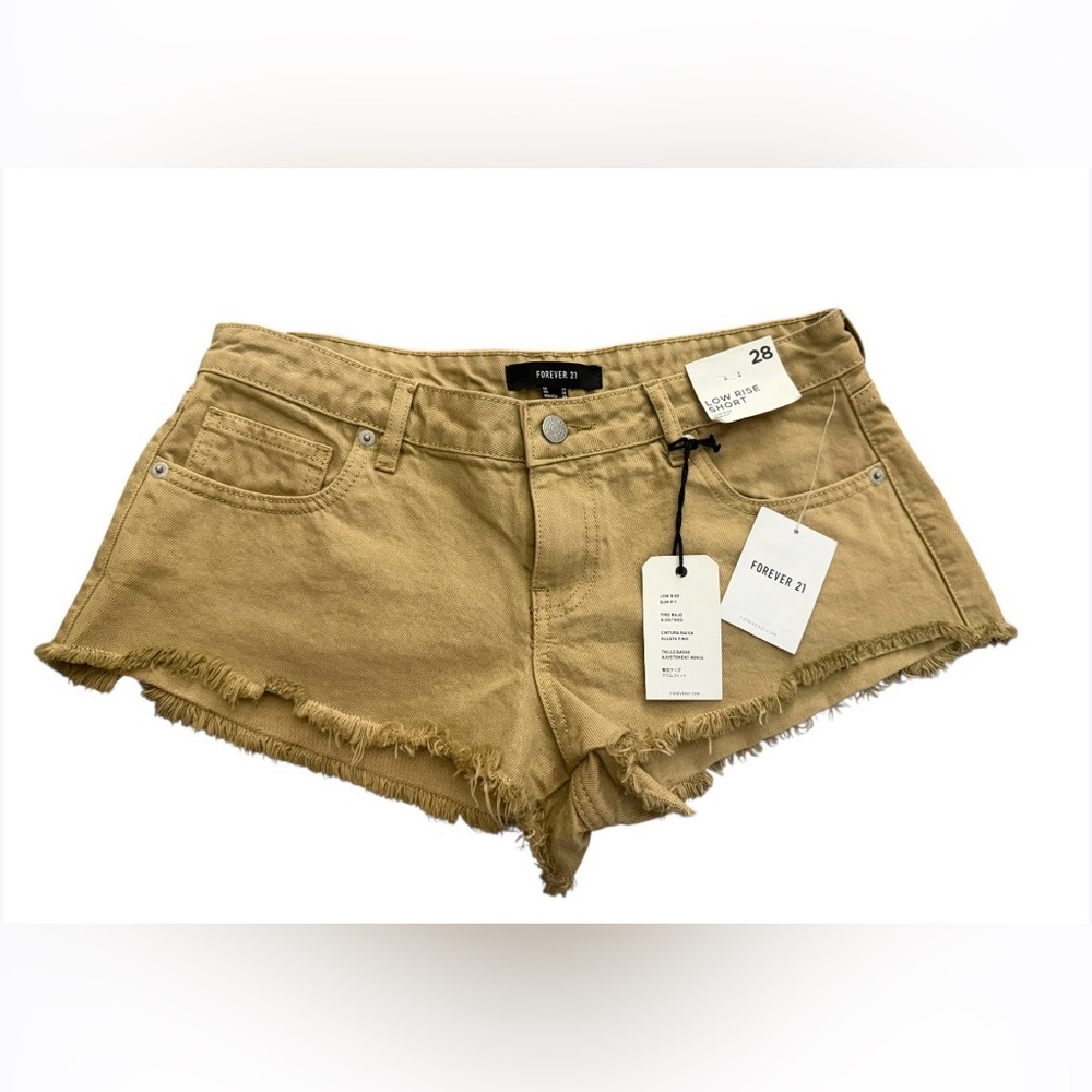 FOREVER 21 Frayed Khaki Tan Denim Cut Off Low Rise Shortie Shorts Women's Sz 28